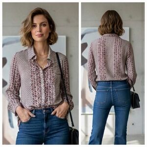 BCBGMaxAzria L Retro 70s Paisley Bohemian Silky Jersey Knit Button Down Shirt